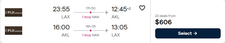 Summer flights from Los Angeles to Auckland, New Zealand for only $606 roundtrip with Fiji Airways. Flight deal ticket image.