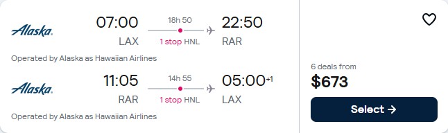 Click here to book this cheap flight deal. Summer flights from Western USA to the Cook Islands from only $673 roundtrip. Flight deal ticket image.