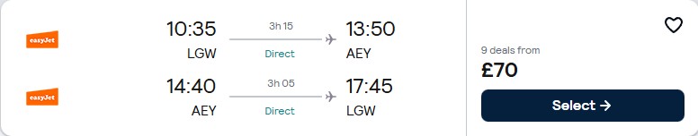 Non-stop flights from London, UK to Akureyri, Iceland for only £70 roundtrip. Flight deal ticket image.