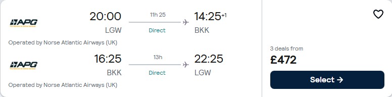 Non-stop flights from London, UK to Bangkok, Thailand for only £472 roundtrip. Flight deal ticket image.