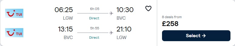 Non-stop flights from London, UK to Boa Vista, Cape Verde for only £257 roundtrip. Flight deal ticket image.