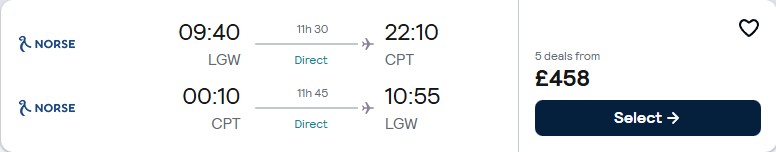Click here to book this cheap flight deal. Non-stop flights from London, UK to Cape Town, South Africa for only £458 roundtrip. Flight deal ticket image.