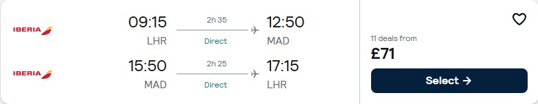 Click here to book this cheap flight deal. Non-stop flights from London, UK to Madrid, Spain for only £71 roundtrip with Iberia. Flight deal ticket image.