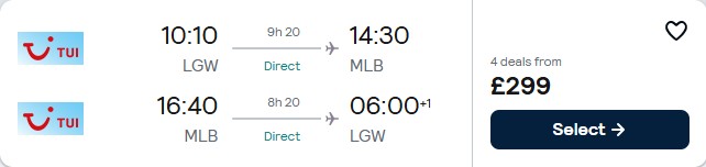 Click here to book this cheap flight deal. Non-stop flights from UK cities to Melbourne, Florida from only £299 roundtrip. Flight deal ticket image.