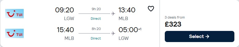 Click here to book this cheap flight deal. Non-stop flights from London, UK to Melbourne, Florida for only £323 roundtrip. Flight deal ticket image.