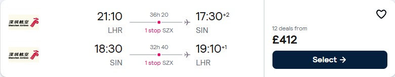 Cheap flights from London, UK to Singapore for only £412 roundtrip. Flight deal ticket image.