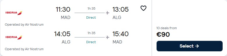 Click here to book this cheap flight deal. Non-stop, Christmas flights from Madrid, Spain to Algiers, Algeria for only €90 roundtrip. Flight deal ticket image.