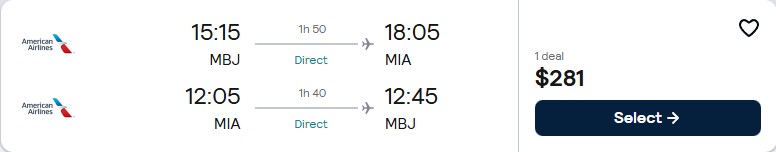 Non-stop flights from Montego Bay, Jamaica to Miami, USA for only $281 USD roundtrip with American Airlines. Flight deal ticket image.