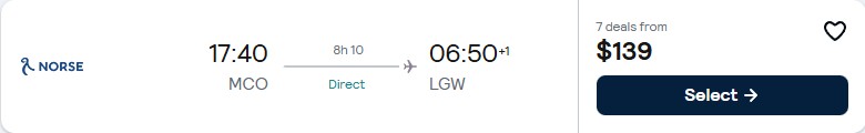 Non-stop flights from Orlando, Florida to London, UK for only $139 one-way. Flight deal ticket image.