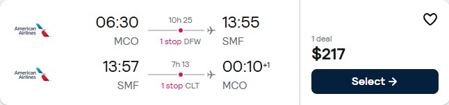 Click here to book this cheap flight deal. Cheap flights from Orlando, Florida to Sacramento, California for only $217 roundtrip with American Airlines. Also works in reverse. Flight deal ticket image.