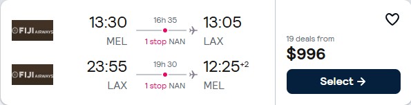 Click here to book this cheap flight deal. Summer flights from Melbourne, Australia to Los Angeles, USA for only $996 AUD roundtrip with Fiji Airways. Flight deal ticket image.