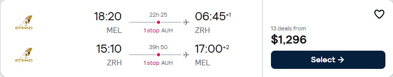 Click here to book this cheap flight deal. Cheap flights from Melbourne, Australia to Zurich, Switzerland for only $1296 AUD roundtrip with Etihad Airways. Flight deal ticket image.