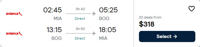 Non-stop, summer flights from Miami to Bogota, Colombia for only $318 roundtrip with Avianca. Flight deal ticket image.