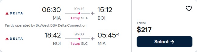 Summer flights from Miami to Boise, Idaho for only $217 roundtrip with Delta Air Lines. Also works in reverse. Flight deal ticket image.