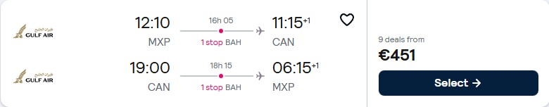 Cheap flights from Milan, Italy to Guangzhou, China for only €451 roundtrip. Flight deal ticket image.