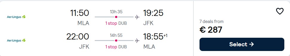 Click here to book this cheap flight deal. Cheap flights from Malta to New York, USA for only €287 roundtrip with Aer Lingus. Flight deal ticket image.