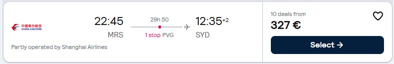 Click here to book this cheap flight deal. Cheap flights from Marseille, France to Sydney, Australia for only €327 one-way. Flight deal ticket image.