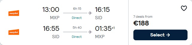 Non-stop flights from Milan, Italy to Sal, Cape Verde for only €188 roundtrip. Flight deal ticket image.