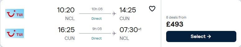 Click here to book this cheap flight deal. Non-stop, last minute flights from Newcastle, UK to Cancun, Mexico for only £493 roundtrip. Flight deal ticket image.