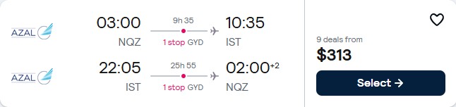 Click here to book this cheap flight deal. Cheap flights from Astana, Kazakhstan to Istanbul, Turkey for only $313 USD roundtrip. Flight deal ticket image.