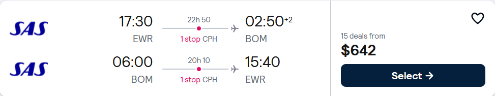 Cheap flights from New York to Mumbai, India for only $642 roundtrip with Scandinavian Airlines. Flight deal ticket image.
