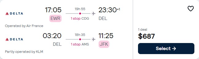 Click here to book this cheap flight deal. Cheap flights from New York to Delhi, India for only $687 roundtrip with Air France, KLM and Delta Air Lines. Flight deal ticket image.
