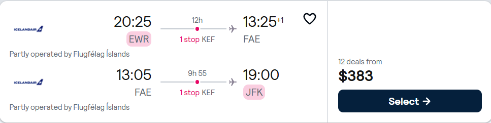 Cheap flights from New York to the Faroe Islands for only $383 roundtrip. Flight deal ticket image.