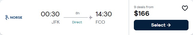 Click here to book this cheap flight deal. Non-stop, summer flights from New York to Rome, Italy for only $166 one-way. Flight deal ticket image.