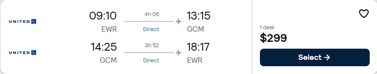 Click here to book this cheap flight deal. Non-stop flights from New York to the Cayman Islands for only $299 roundtrip with United Airlines. Flight deal ticket image.