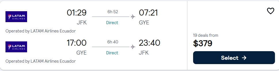 Click here to book this cheap flight deal. Non-stop flights from New York to Guayaquil, Ecuador for only $379 roundtrip with LATAM Airlines. Flight deal ticket image.