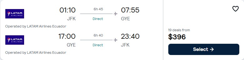 Click here to book this cheap flight deal. Cheap flights from New York to Guayaquil, Ecuador for only $405 roundtrip with Copa Airlines. Flight deal ticket image.