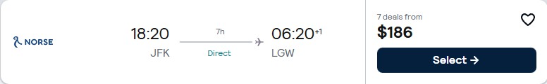Click here to book this cheap flight deal. Non-stop flights from New York to London, UK for only $186 one-way. Flight deal ticket image.