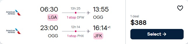 Cheap flights from New York to Kahului, Hawaii for only $388 roundtrip with American Airlines. Also works in reverse. Flight deal ticket image.