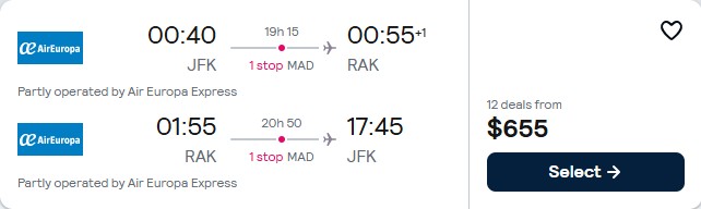 Click here to book this cheap flight deal. Cheap flights from New York to Marrakesh, Morocco for only $655 roundtrip with Air Europa. Flight deal ticket image.