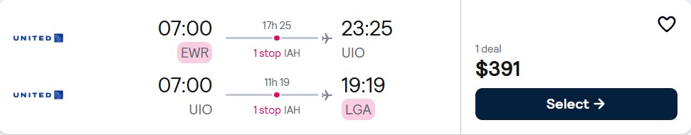Click here to book this cheap flight deal. Cheap flights from New York to Quito, Ecuador for only $391 roundtrip with United Airlines. Flight deal ticket image.