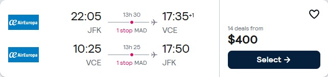 Click here to book this cheap flight deal. Cheap flights from New York to Venice, Italy for only $400 roundtrip with Air Europa. Flight deal ticket image.