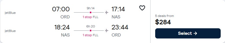 Summer flights from Chicago to the Bahamas for only $284 roundtrip with JetBlue. Flight deal ticket image.