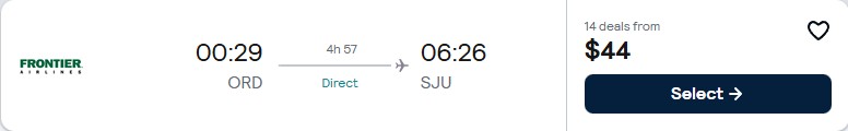 Click here to book this cheap flight deal. Non-stop flights from Chicago to San Juan, Puerto Rico for only $44 one-way. Flight deal ticket image.