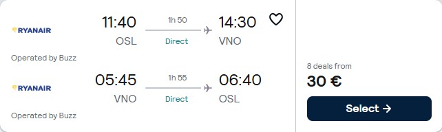 Click here to book this cheap flight deal. Non-stop flights from Oslo, Norway to Vilnius, Lithuania for only €30 roundtrip. Flight deal ticket image.