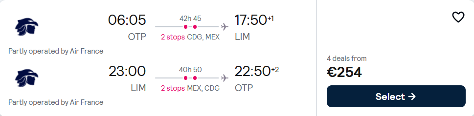 Click here to book this cheap flight deal. Cheap flights from Bucharest, Romania to Lima, Peru for only €254 roundtrip with Air France and Aeromexico. Flight deal ticket image.