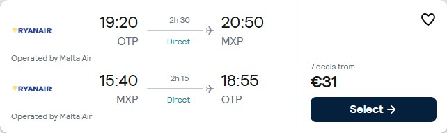 Non-stop flights from Bucharest, Romania to Milan, Italy for only €31 roundtrip. Flight deal ticket image.