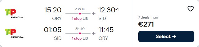 Click here to book this cheap flight deal. Cheap flights from Paris, France to Sal, Cape Verde for only €271 roundtrip with TAP Air Portugal. Flight deal ticket image.