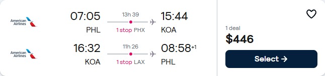 Click here to book this cheap flight deal. Cheap flights from Philadelphia to Kona, Hawaii for only $446 roundtrip with American Airlines. Also works in reverse. Flight deal ticket image.