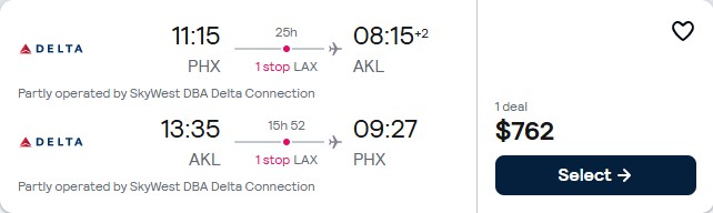 Cheap flights from Phoenix, Arizona to Auckland, New Zealand for only $762 roundtrip with Delta Air Lines. Flight deal ticket image.