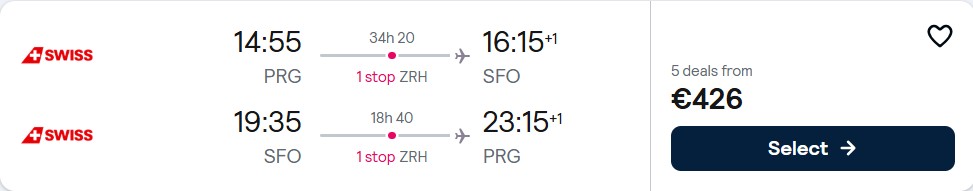 Click here to book this cheap flight deal. Cheap flights from Prague, Czech Republic to San Francisco, USA for only €426 roundtrip with Swiss International Air Lines. Flight deal ticket image.