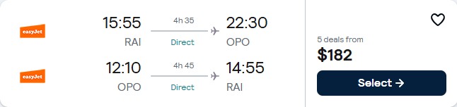 Click here to book this cheap flight deal. Non-stop flights from Praia, Cape Verde to Porto, Portugal for only $182 USD roundtrip. Flight deal ticket image.