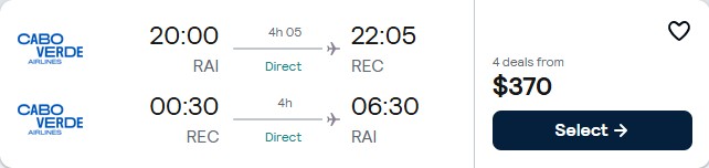 Non-stop flights from Praia, Cape Verde to Recife, Brazil for only $370 USD roundtrip. Flight deal ticket image.
