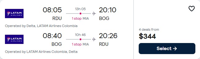 Summer flights from Raleigh, North Carolina to Bogota, Colombia for only $344 roundtrip with Delta Air Lines and LATAM Airlines. Flight deal ticket image.