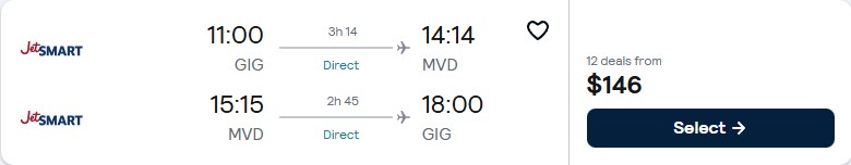 Click here to book this cheap flight deal. Non-stop flights from Rio de Janeiro, Brazil to Montevideo, Uruguay for only $146 USD roundtrip. Flight deal ticket image.