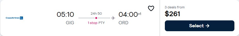 Click here to book this cheap flight deal. Cheap flights from Rio de Janeiro, Brazil to Chicago, USA for only $261 USD one-way with Copa Airlines. Flight deal ticket image.